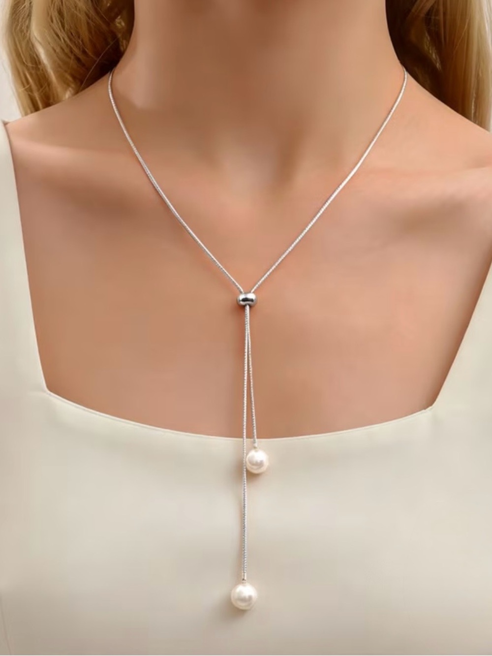 💥3for$28 New Bolo Lariat Faux Pearl Minimalist Necklace Y Dainty Pearl Necklace